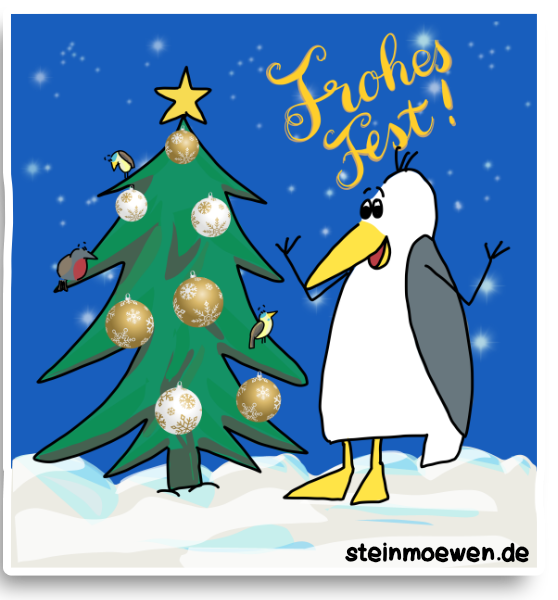 Zeichnung: Vor dunkelblauem Sternenhimmel steht eine Möwe neben einem Weihnachtsbaum im Schnee und wünscht "Frohes Fest!"