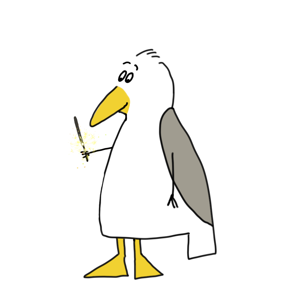 animierte Zeichnung: Eine Zeichenmöwe hält eine Wunderkerze, deren Flamme langsam herunterbrennt