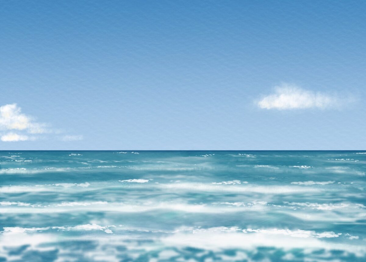 Procreate Bild im Aquarell Stil - Untere Hälfte Meer und Wellen, obere Hälfte blauer Himmel mit Verlauf, zarte Wolken. Aquarellpapier Textur