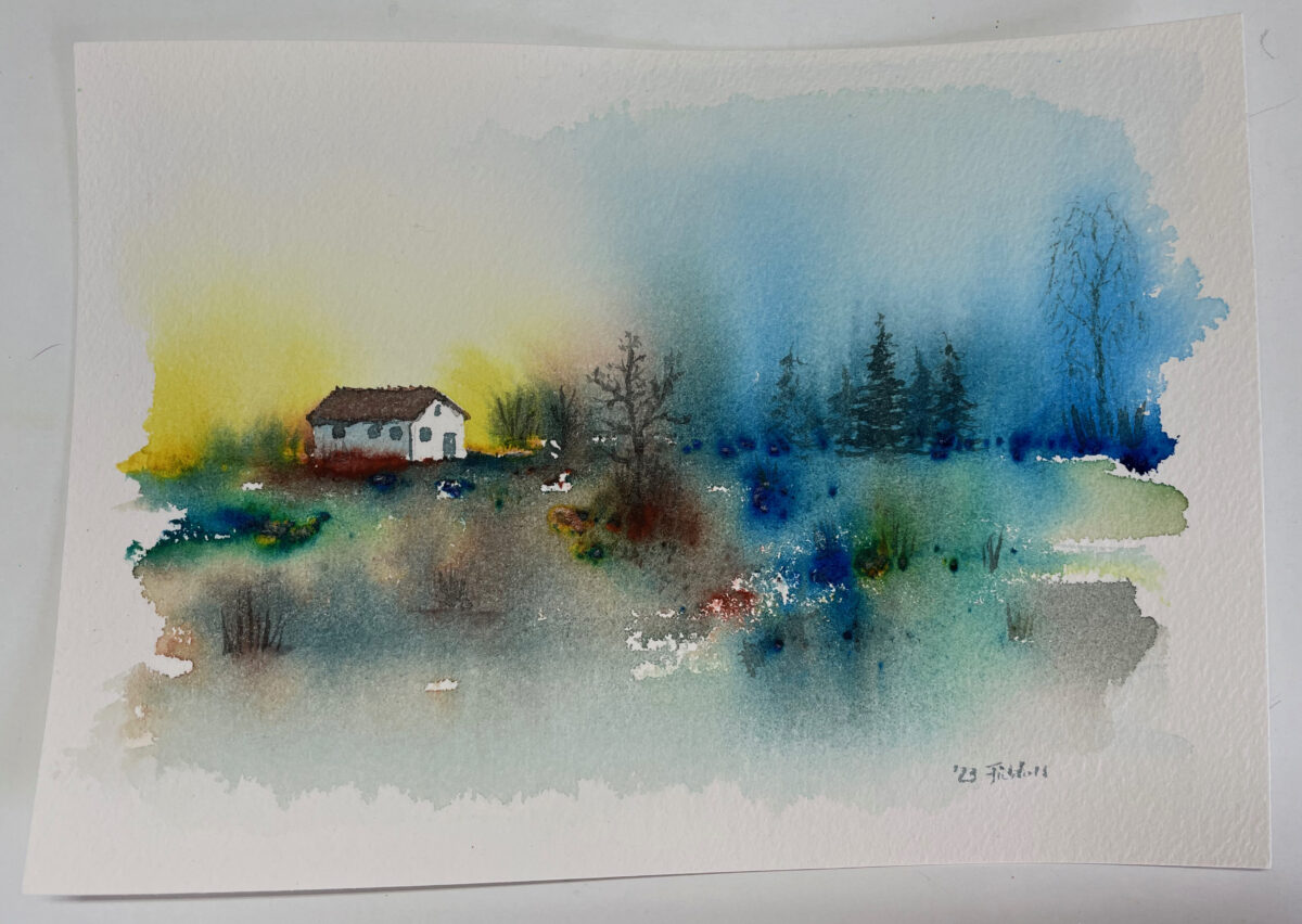 Etwas abstrakteres Aquarell in blau und gelb Tönen. Links ein kleines Haus, im unteren Bereich eher Sumpf&Moor und im rechten Bereich eher Blautöne - Wald im Dunst oder ähnlich.