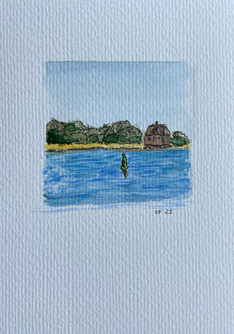 kleines Aquarell, quadratisch mit Rand auf einer A6 Größe: Wasser (Schlei) mit Blick auf das gegenüberliegende Ufer. Dort ein Haus mit Rettdach und Büsche / Bäume. Am Uferrand ein Streifen helles Schilf. In der Bildmitte im Wasser eine grüne Fahrwassertonne. Akzente mit Fineliner