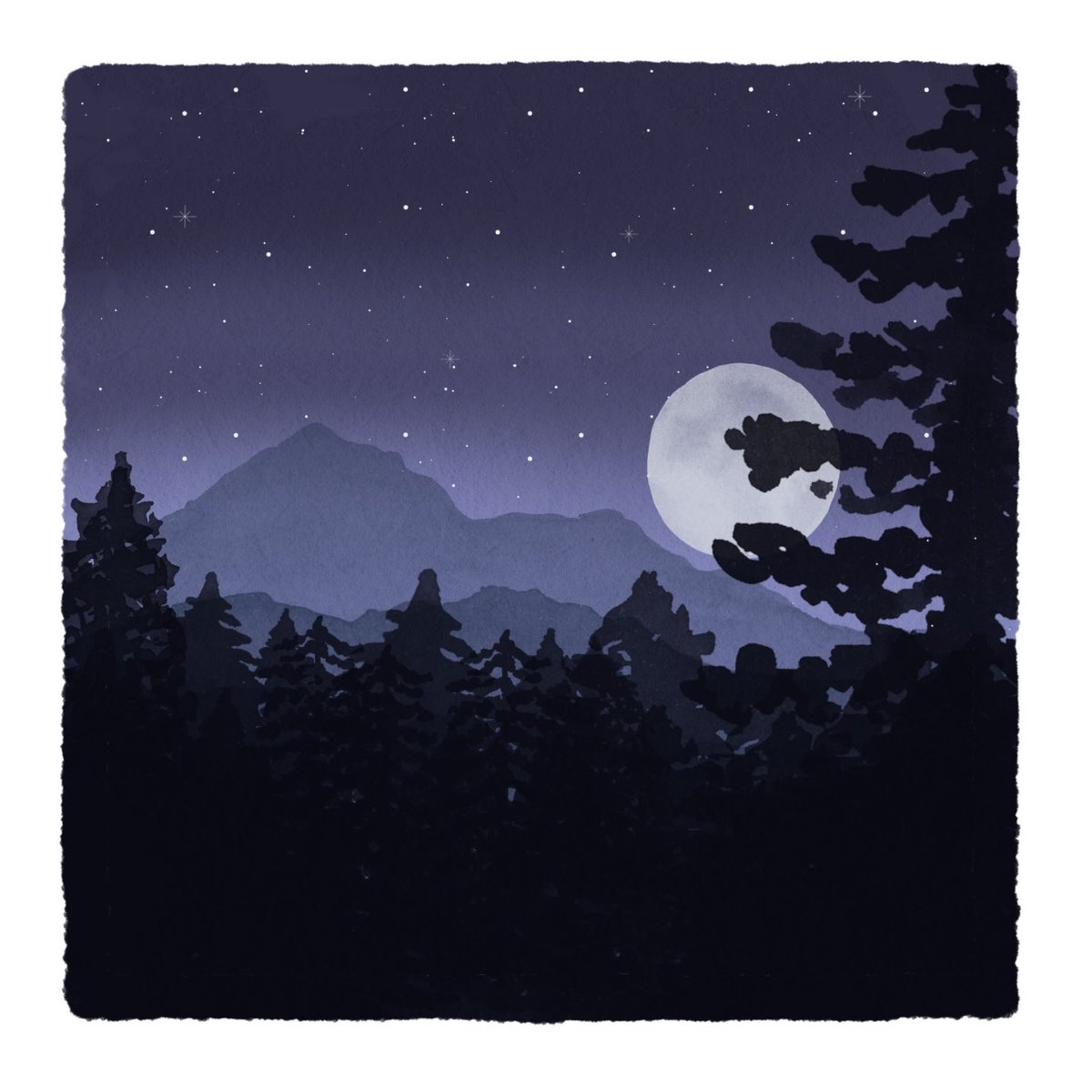 Digitales Werk: Grundton dunkel blau lila, in mehreren Enenen liegen Bergsilhouetten und Tannenwald übereinander. Etwas Nebel und rechts mittig ein großer fahler Mond.
