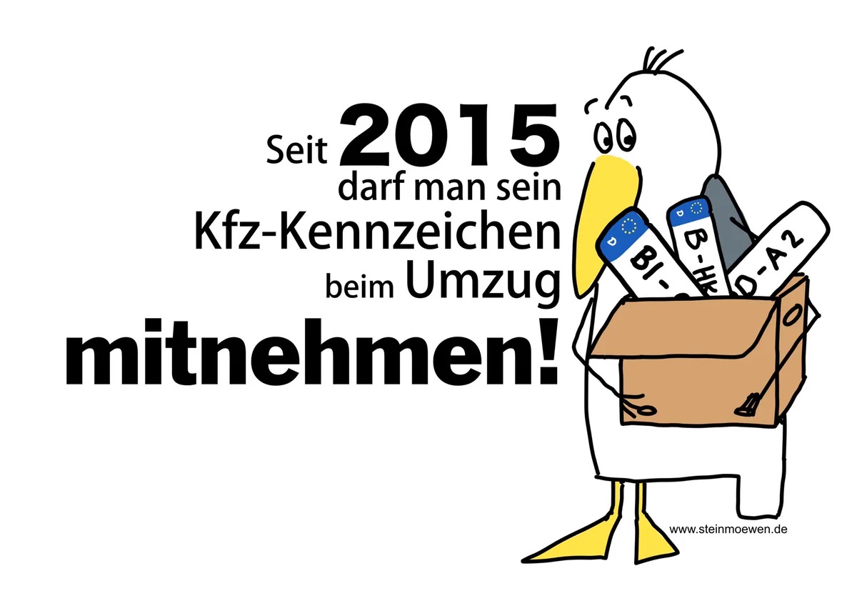Zeichnung einer Möwe mit Umzugskarton und Kennzeichen. Text: seit 2015 darf man sein Kfz- Kennzeichen beim Umzug mitnehmen!