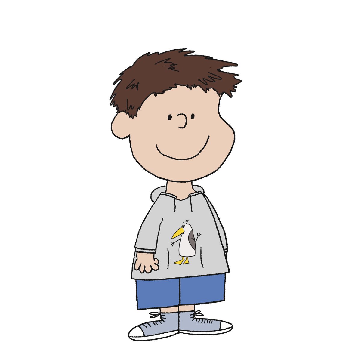 Ich selbst im Stil einer Peanuts Cartoonfigur gezeichnet: kurze braune Haare, graue Chucks, Jeans, grauer Hoodie mit Steinmöwe (meine eigenen Cartoonmöwen) auf der Vorderseite.
